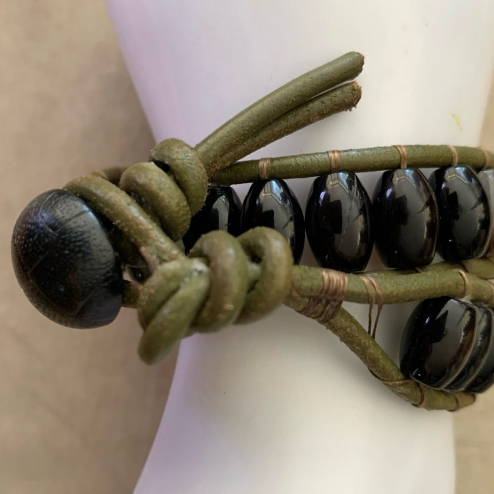 Hand made Agate stone leather wrap Brown and green Beaded Bracelet - Picture 5 of 13